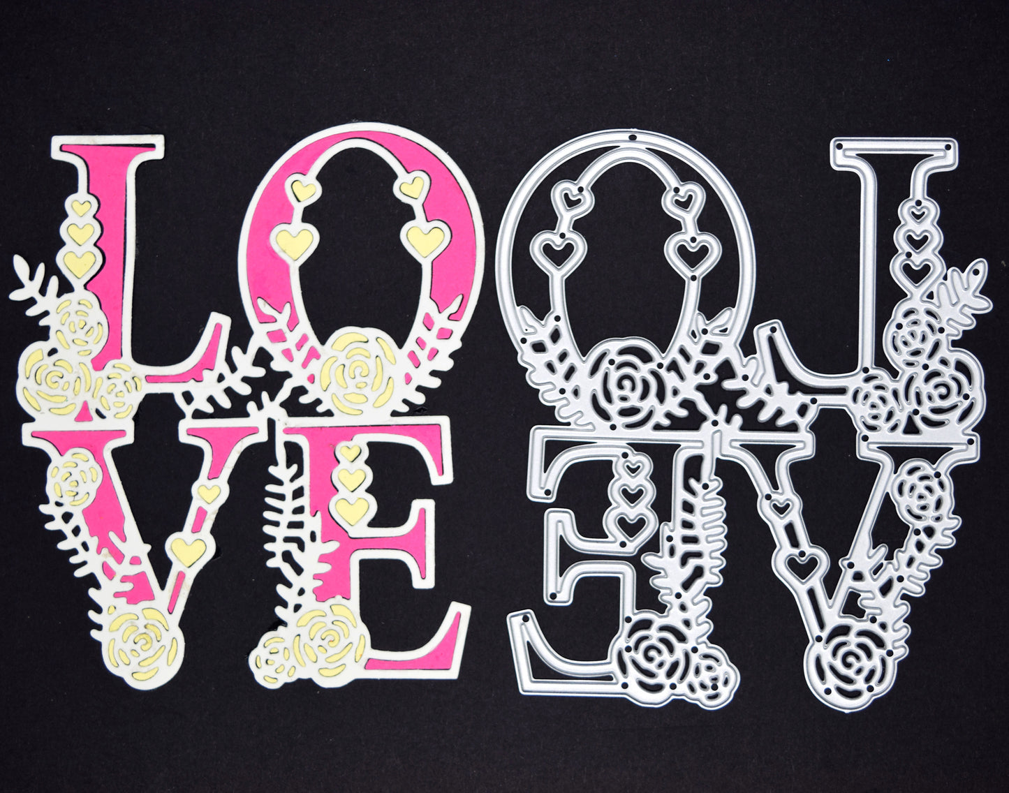 Floral LOVE metal cutting die with coloured layered example showing hearts and flowers for card making