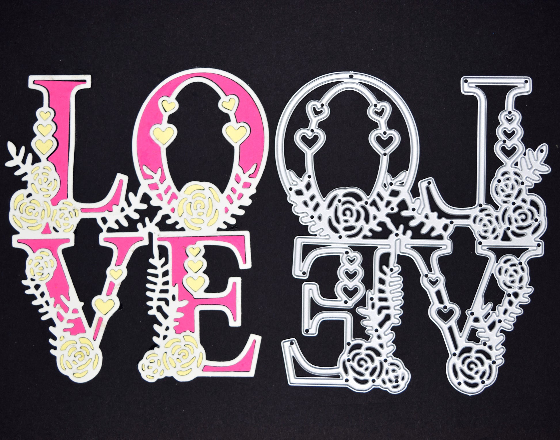 Floral LOVE metal cutting die with coloured layered example showing hearts and flowers for card making