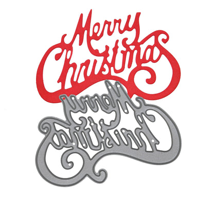 Merry Christmas metal cutting die overlapping a red paper sentiment on white, showing the complete two-line greeting.
