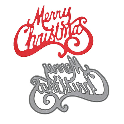 Merry Christmas metal cutting die beneath a red paper cut on white, showing the decorative script and sweeping flourishes.