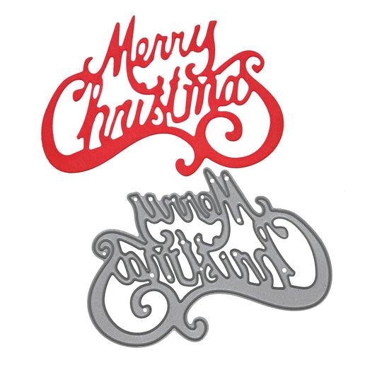 Merry Christmas metal cutting die beneath a red paper cut on white, showing the decorative script and sweeping flourishes.