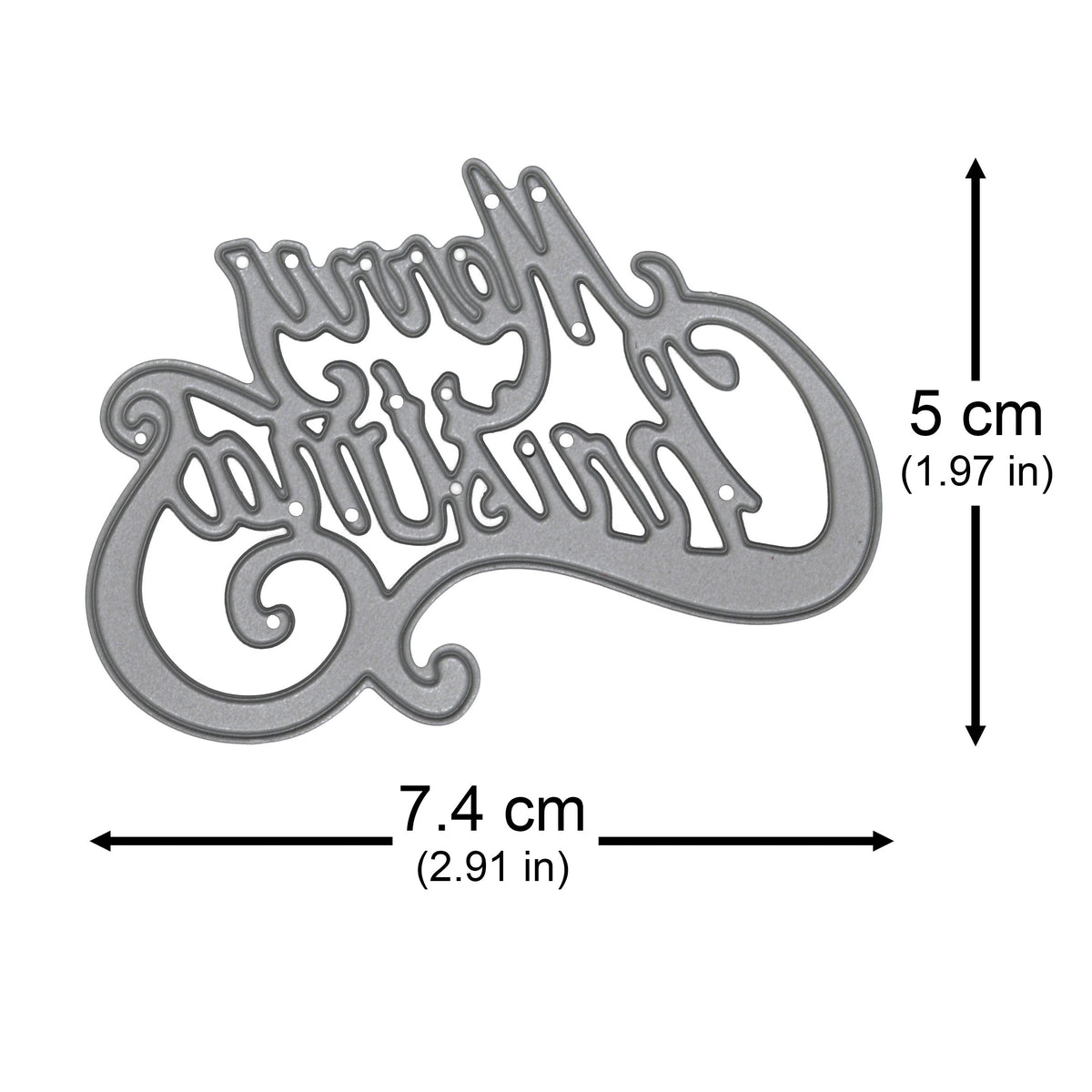 Merry Christmas decorative script metal cutting die measuring 7.4 cm x 5 cm for card making and festive papercraft.