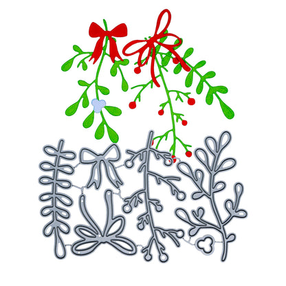 Christmas mistletoe and bow papercraft cuts displayed with the matching six-piece metal cutting die set.
