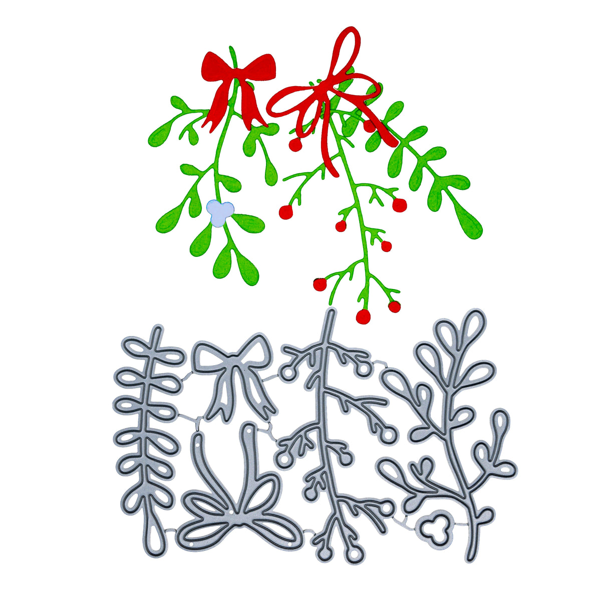 Completed mistletoe, berry branch and red bow papercraft cuts shown above the matching metal cutting die set.