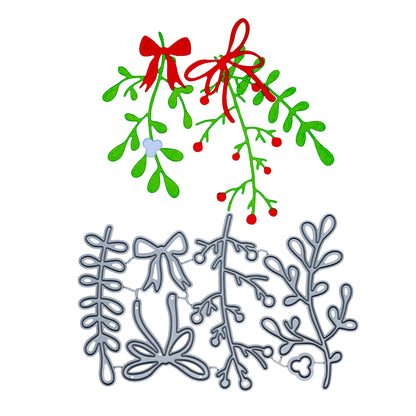 Completed mistletoe, berry branch and red bow papercraft cuts shown above the matching metal cutting die set.