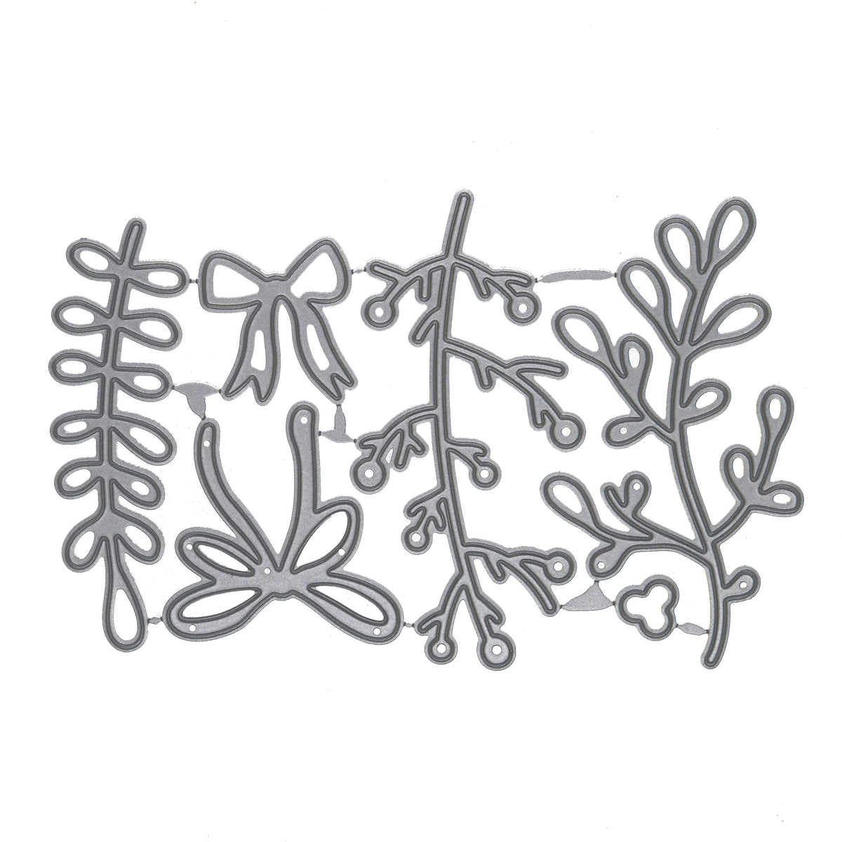 Six Christmas mistletoe, foliage, berry branch and bow metal cutting dies displayed together on a white background.