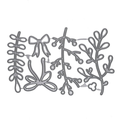 Six Christmas mistletoe, foliage, berry branch and bow metal cutting dies displayed together on a white background.