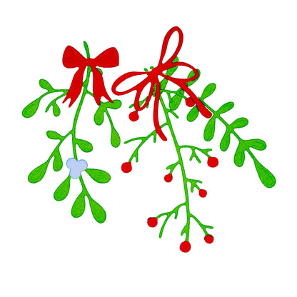 Colourful Christmas mistletoe and berry branch paper cuts decorated with two red bows for card making.