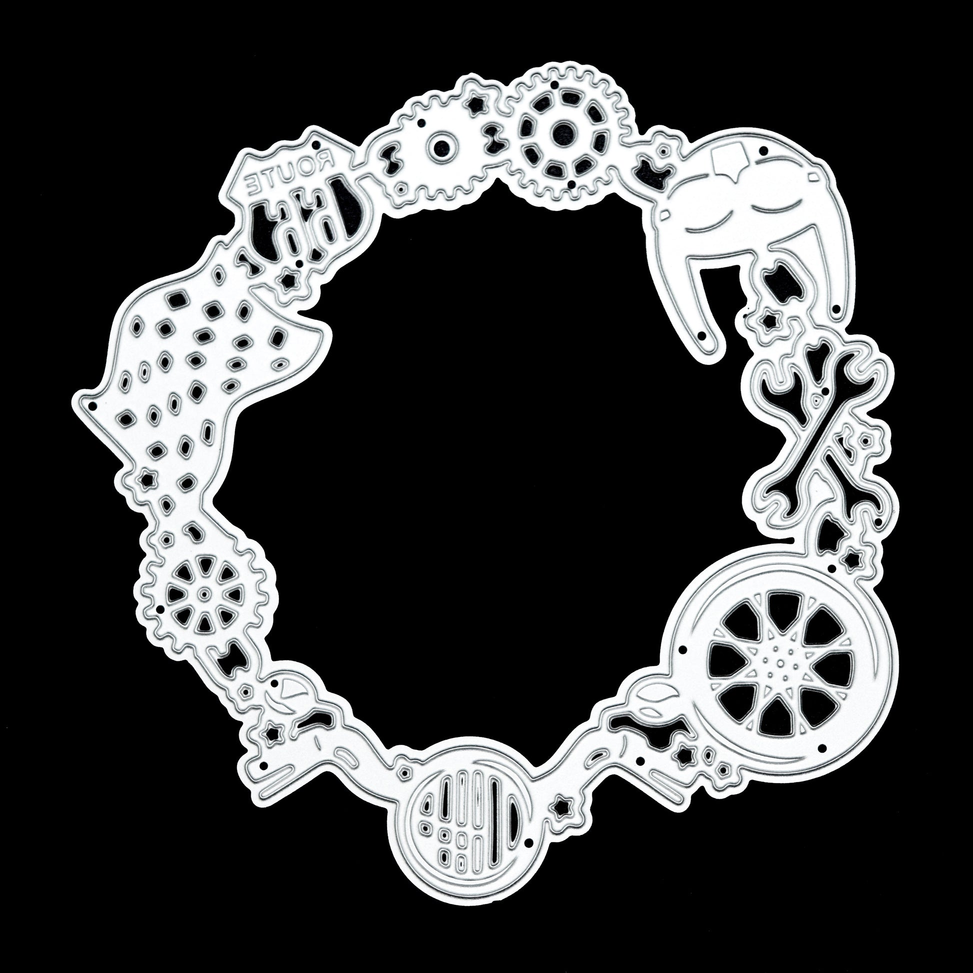 Motorbike themed circular metal cutting die clean product view