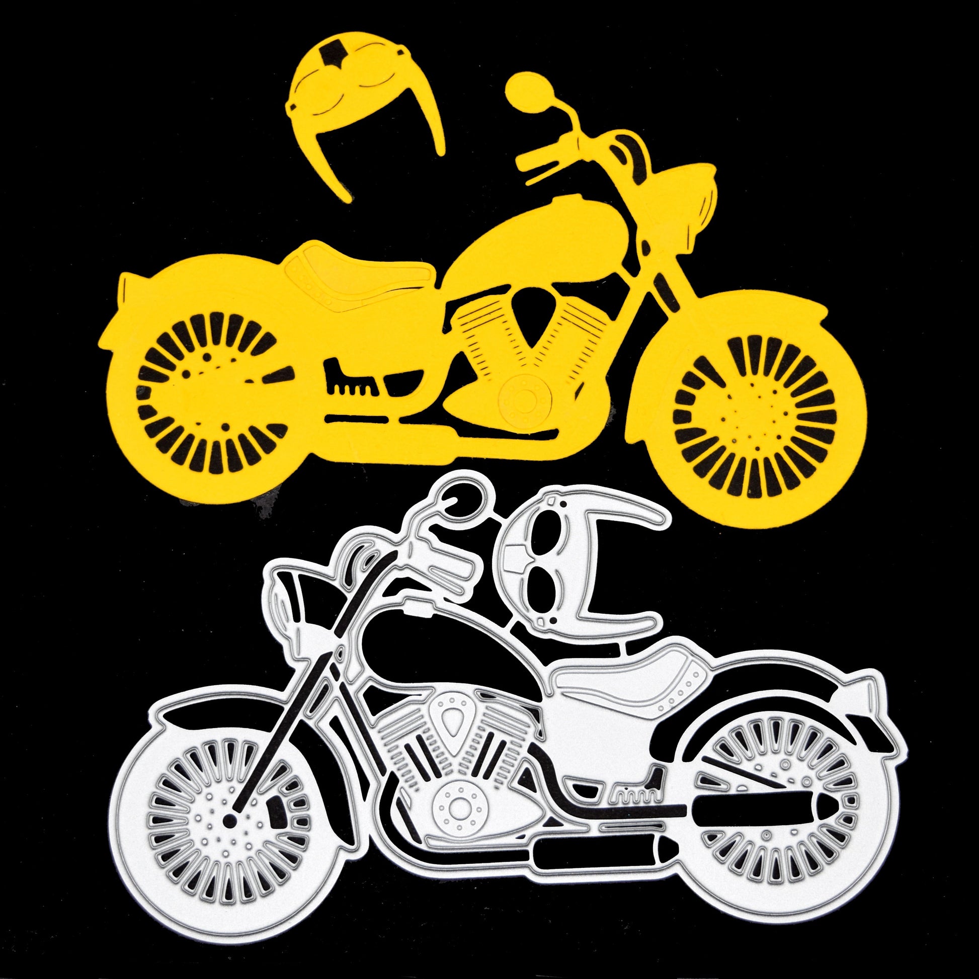 Motorbike die cut example showing detailed wheel and engine design