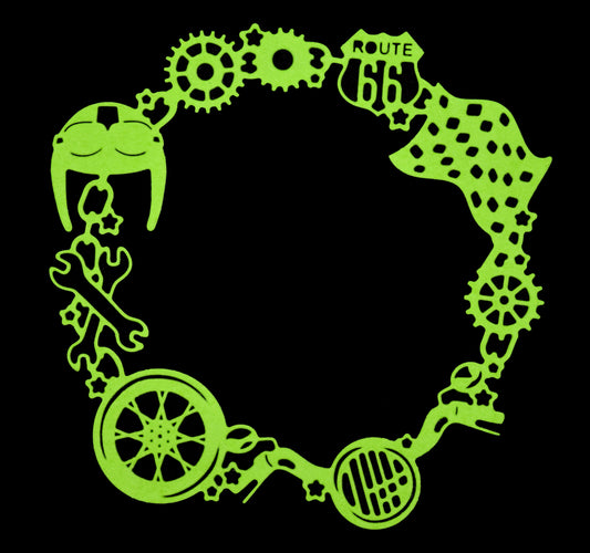Motorcycle themed circular frame die cut in green card