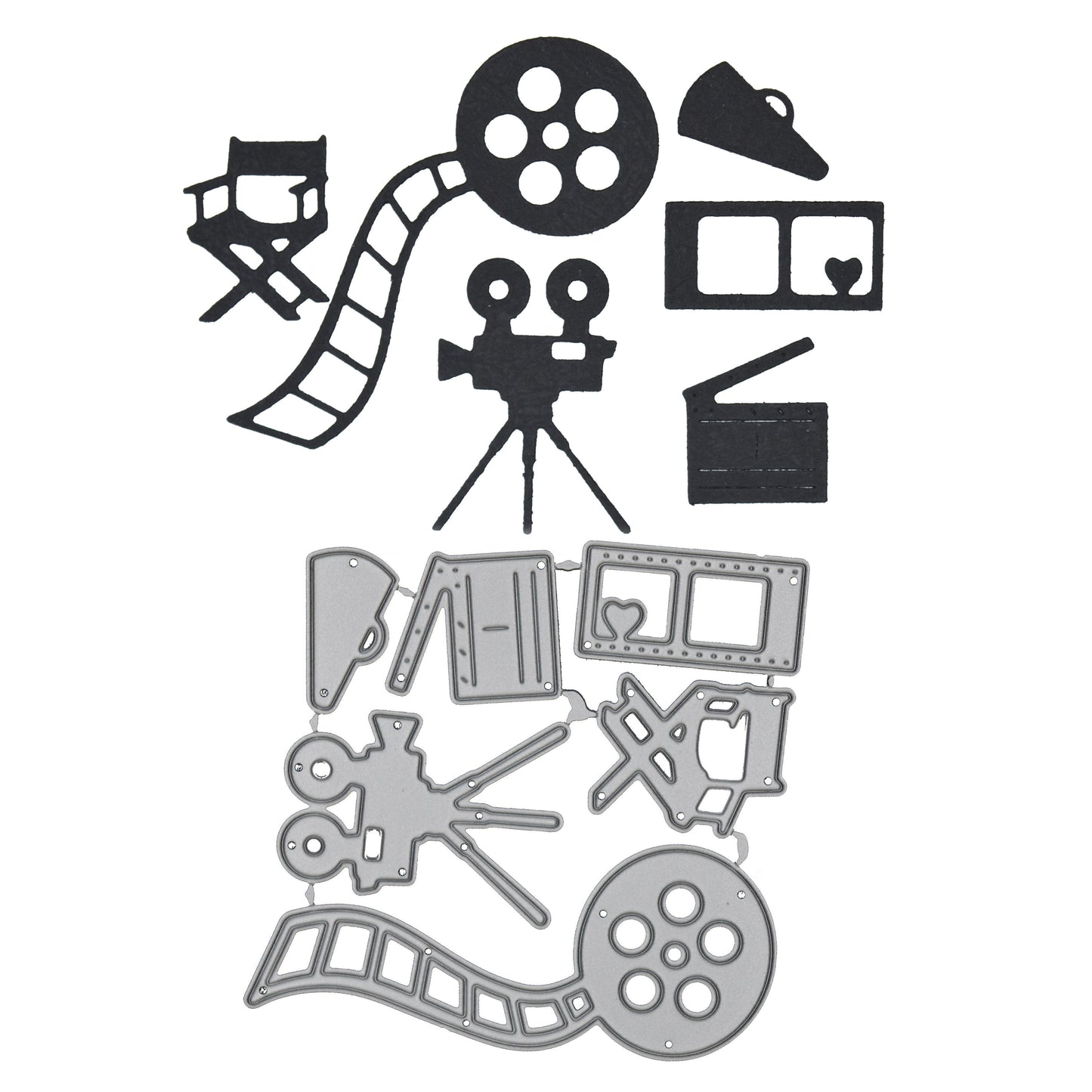 Movie themed metal cutting dies with matching die cuts including cinema reel camera clapperboard and director chair shapes for papercrafts