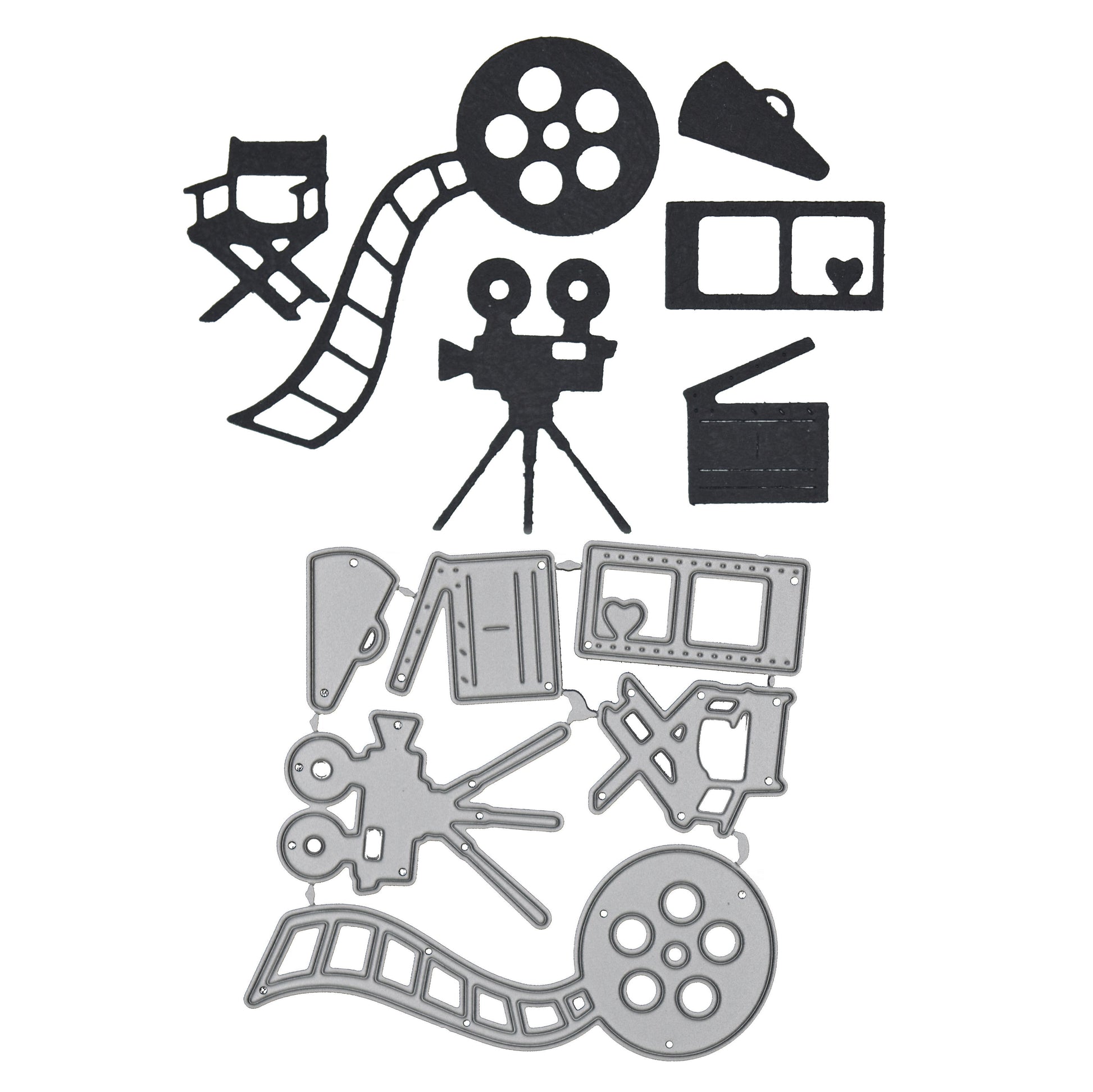Movie themed metal cutting dies with matching die cuts including cinema reel camera clapperboard and director chair shapes for papercrafts