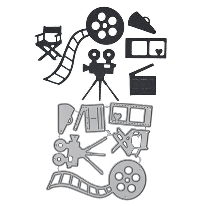 Movie themed metal cutting dies with matching die cuts including cinema reel camera clapperboard and director chair shapes for papercrafts