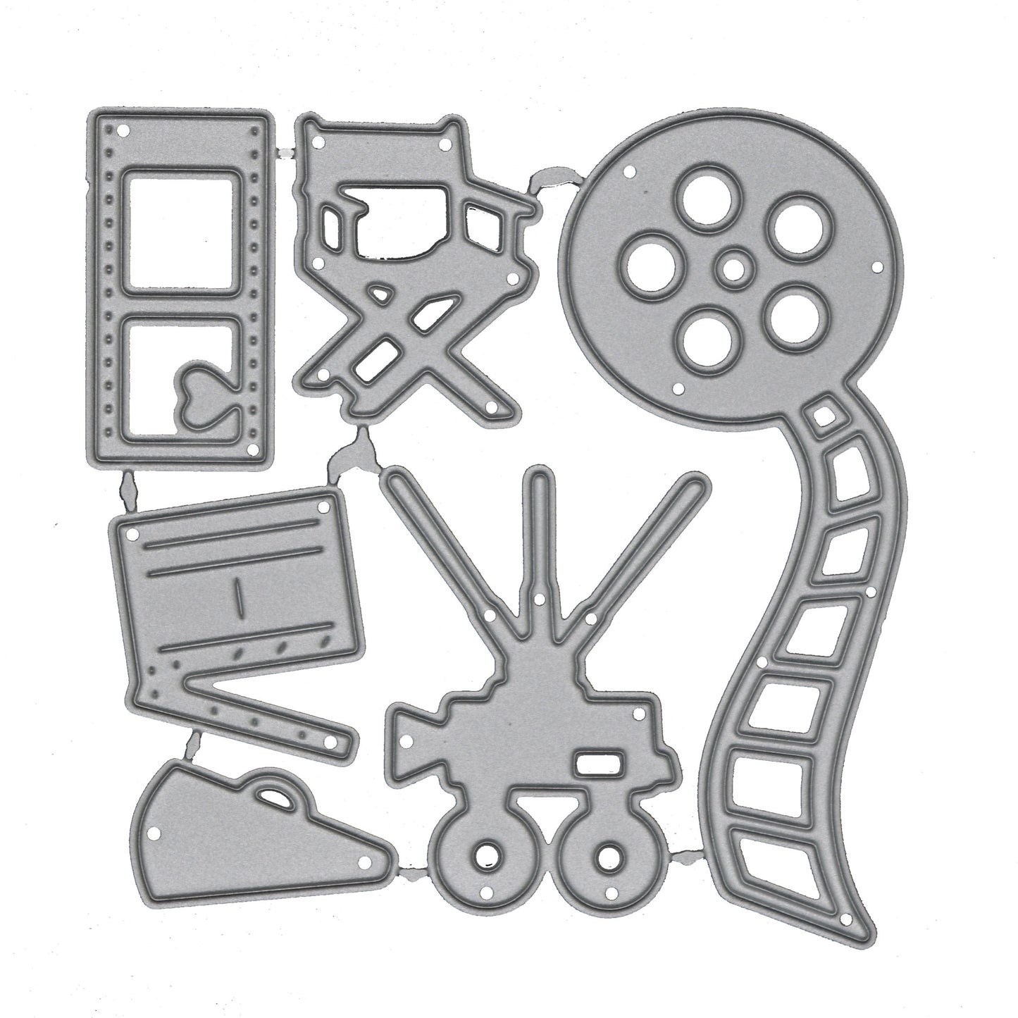 Movie and cinema themed metal cutting dies featuring film reel camera director chair clapperboard and film strip designs for papercrafts