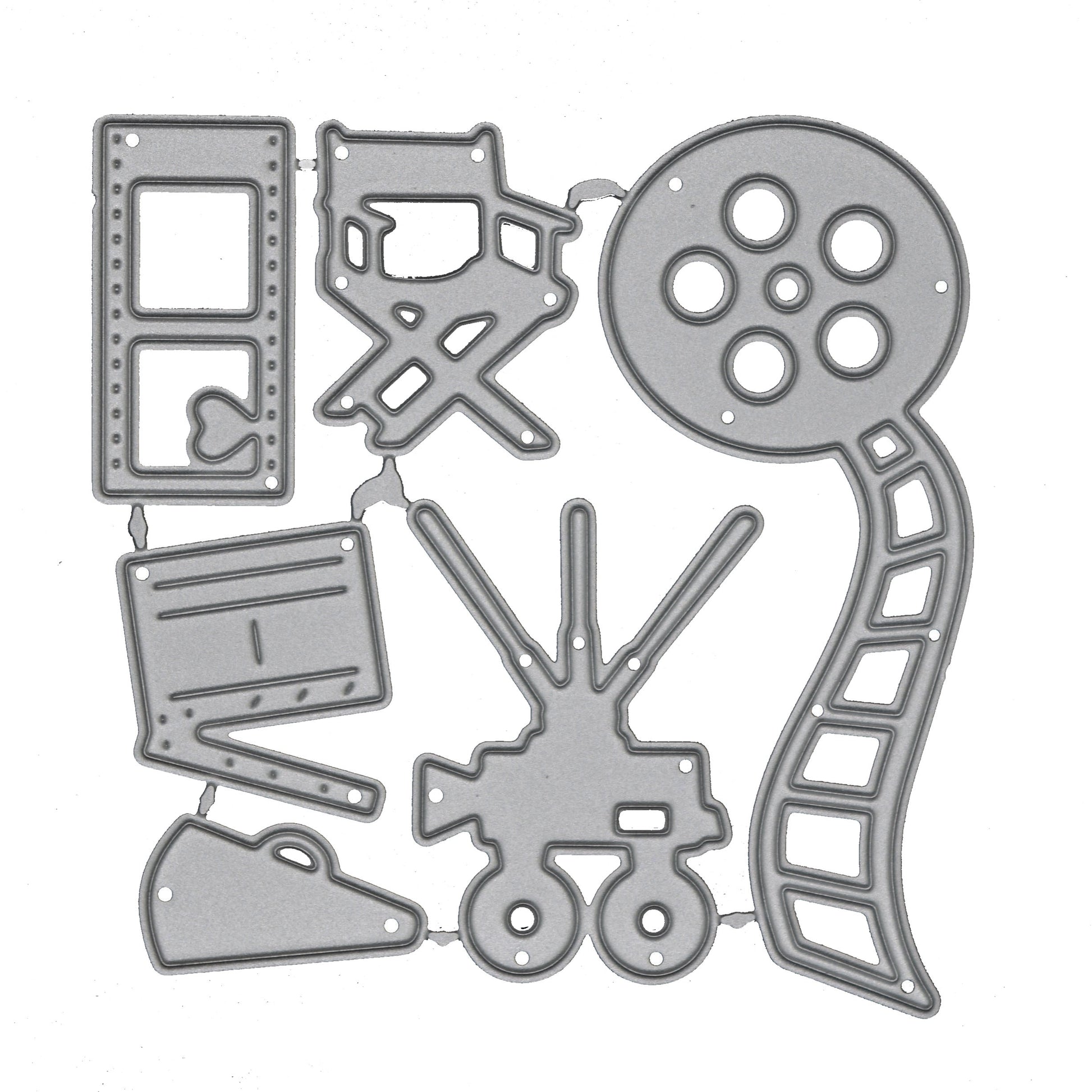 Movie and cinema themed metal cutting dies featuring film reel camera director chair clapperboard and film strip designs for papercrafts