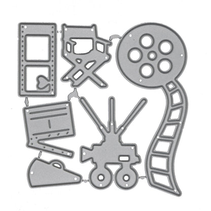 Movie and cinema themed metal cutting dies featuring film reel camera director chair clapperboard and film strip designs for papercrafts
