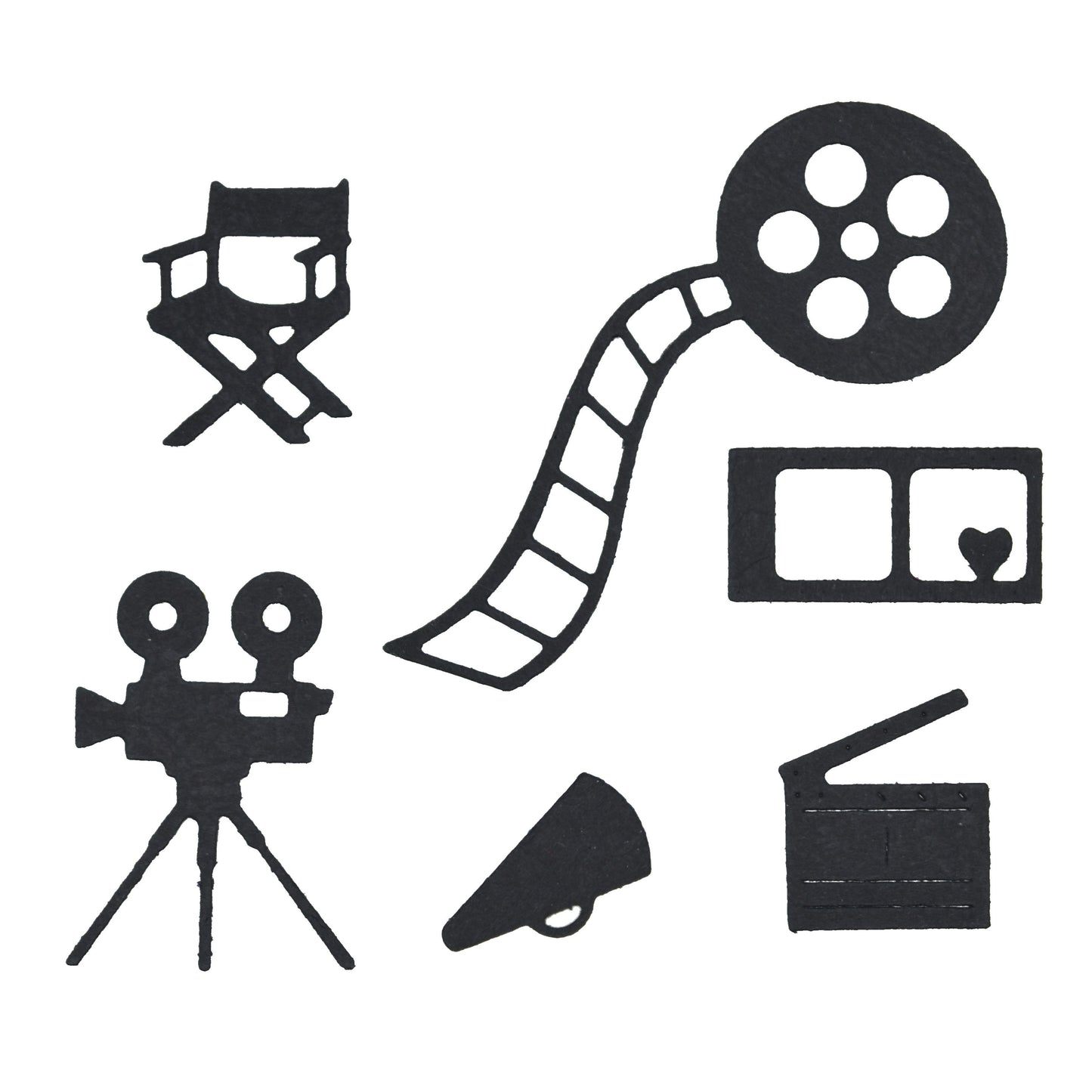 Movie themed die cut shapes including film reel camera director chair clapperboard and cinema icons for card making and scrapbook crafts