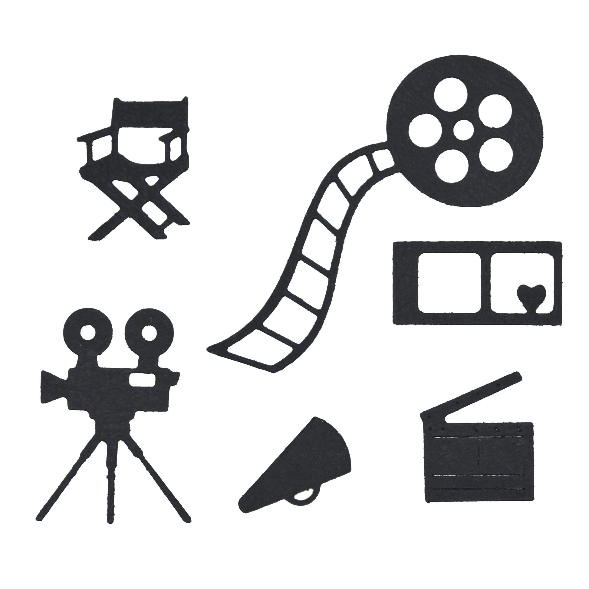 Movie themed die cut shapes including film reel camera director chair clapperboard and cinema icons for card making and scrapbook crafts