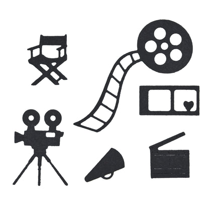 Movie themed die cut shapes including film reel camera director chair clapperboard and cinema icons for card making and scrapbook crafts
