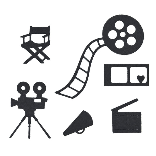 Movie themed die cut shapes including film reel camera director chair clapperboard and cinema icons for card making and scrapbook crafts