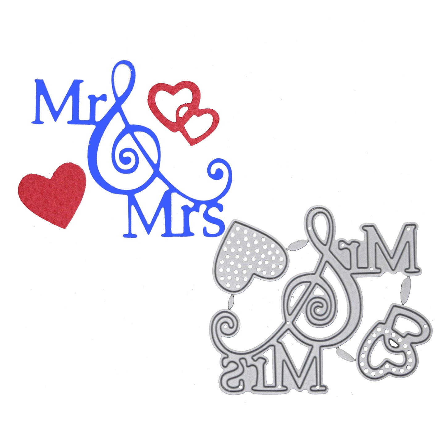 Mr and Mrs die cut sentiment with decorative hearts for wedding anniversary and romantic card making projects