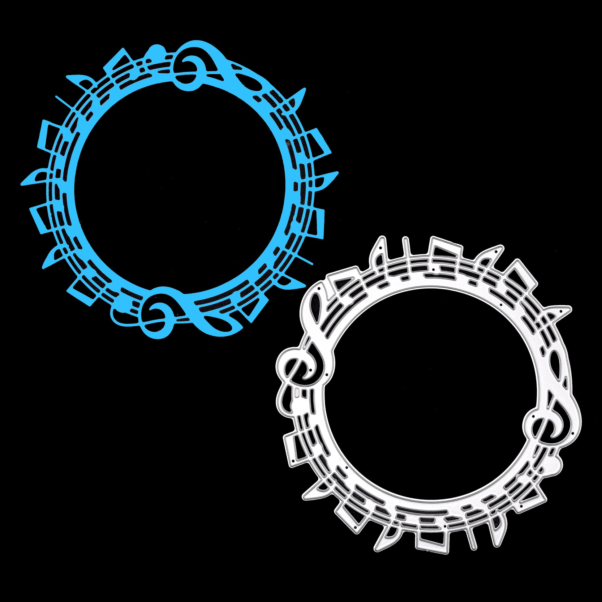 Music notes circle die shown with finished blue card example