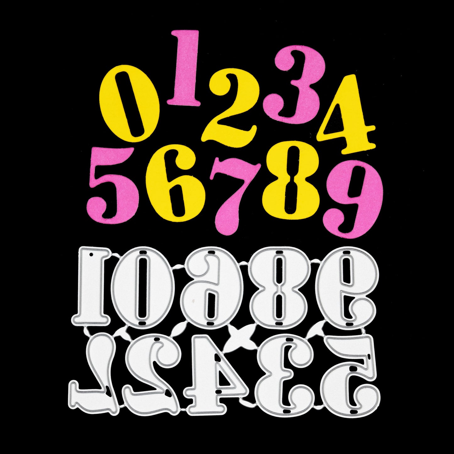 Decorative number metal cutting dies with matching colourful die cut examples for card making and papercrafts