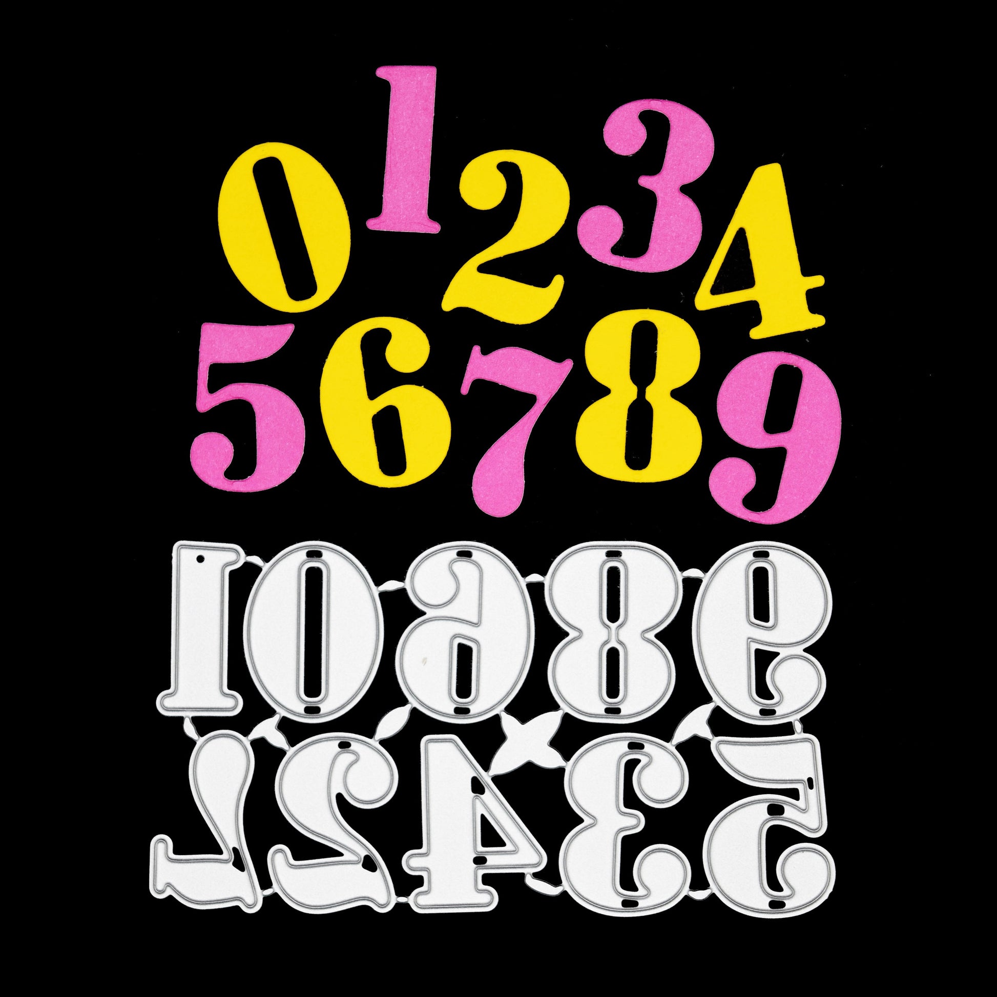 Decorative number metal cutting dies with matching colourful die cut examples for card making and papercrafts
