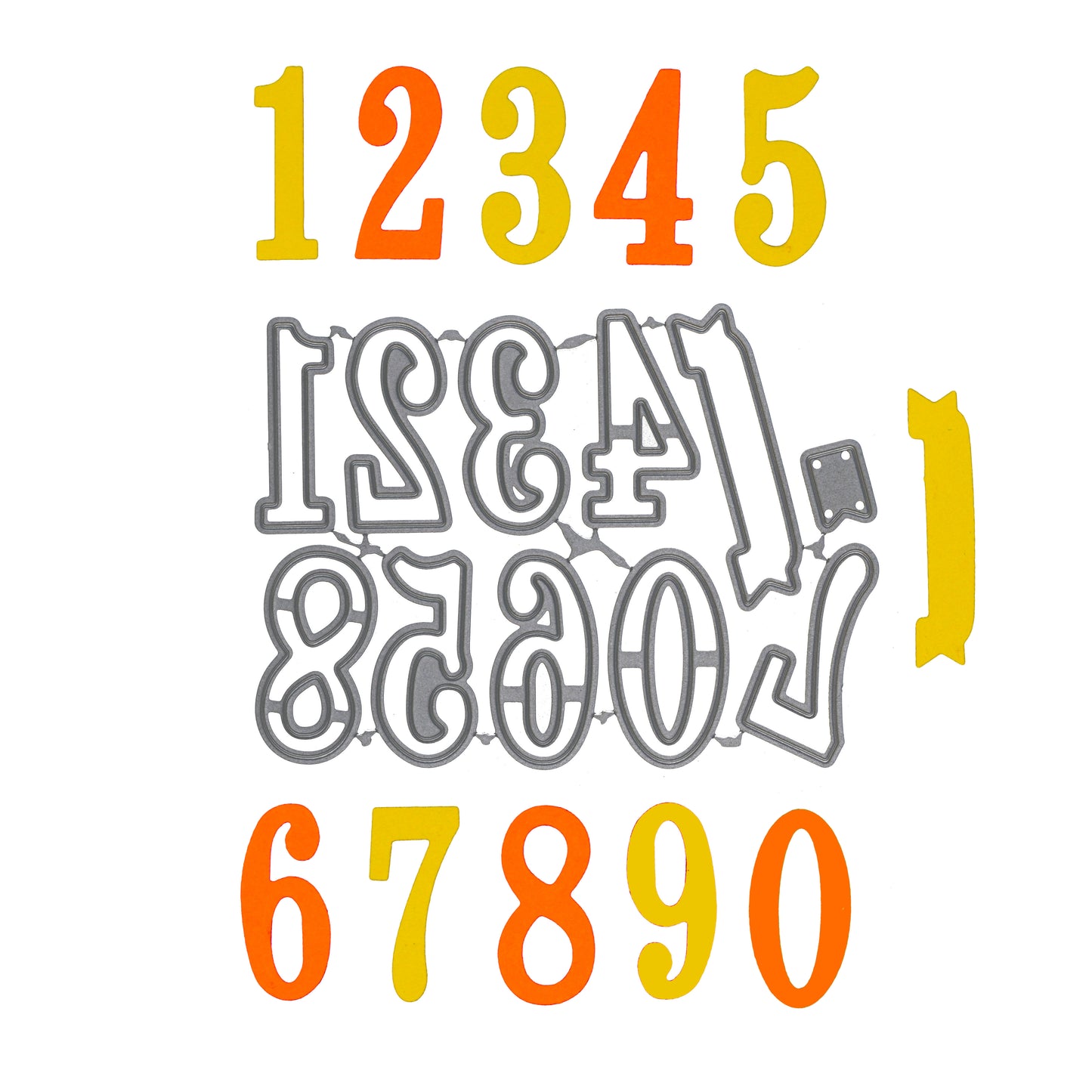Decorative number metal cutting dies shown with matching yellow and orange paper cuts for card making and papercraft.