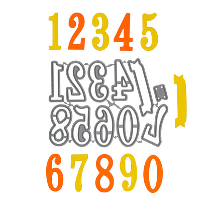 Decorative number metal cutting dies shown with matching yellow and orange paper cuts for card making and papercraft.