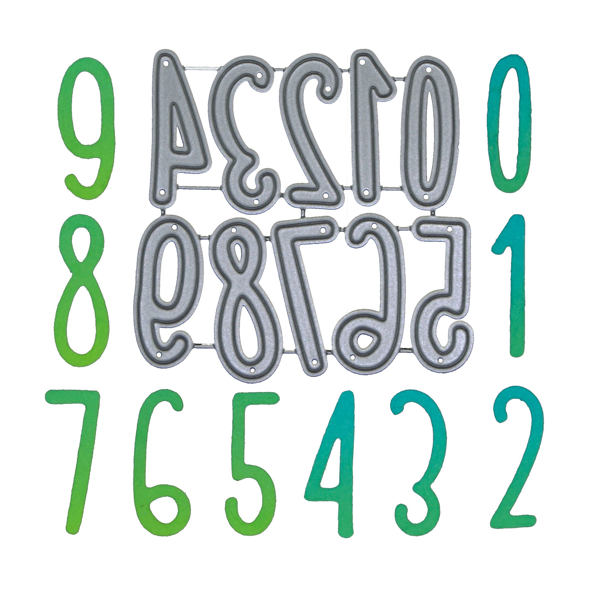 Number metal cutting dies with finished numeral die cuts for card making