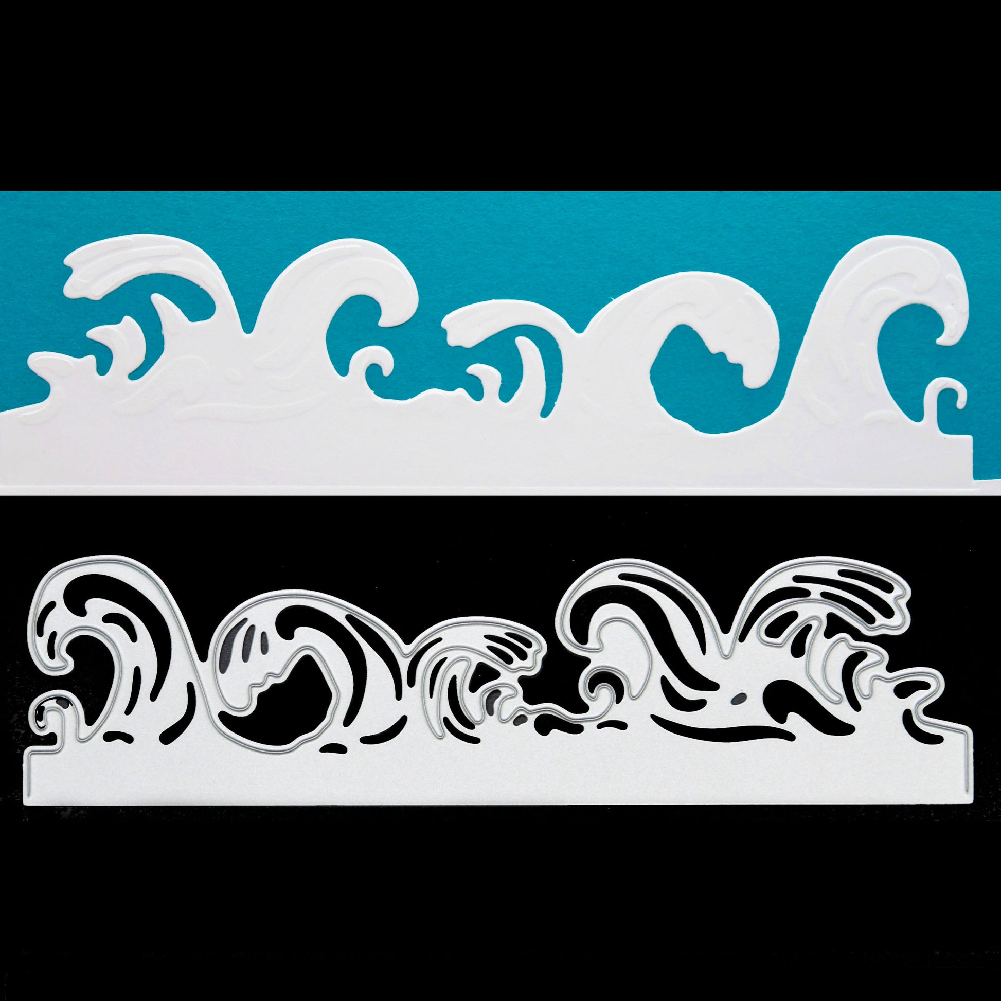 Ocean waves border metal cutting die with the finished white card cut displayed on a black background
