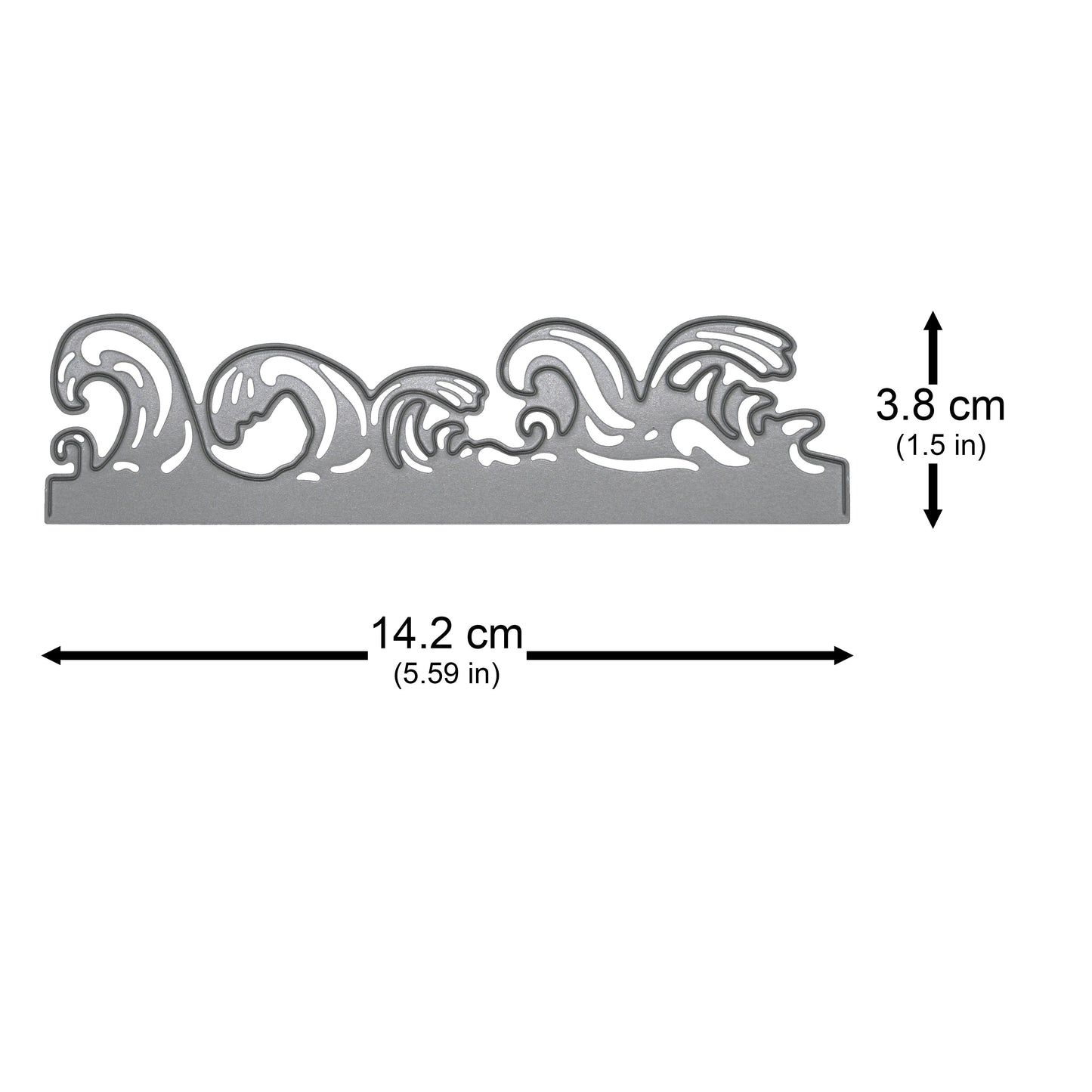 Ocean waves border metal cutting die shown with approximate measurements for card making and papercraft