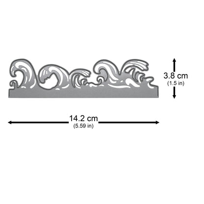 Ocean waves border metal cutting die shown with approximate measurements for card making and papercraft