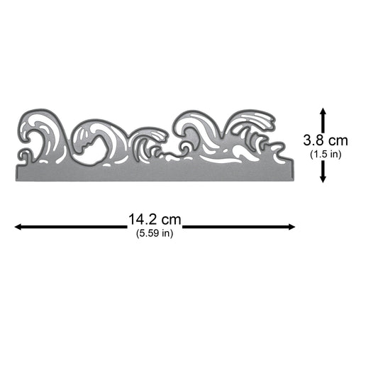 Ocean waves border metal cutting die shown with approximate measurements for card making and papercraft