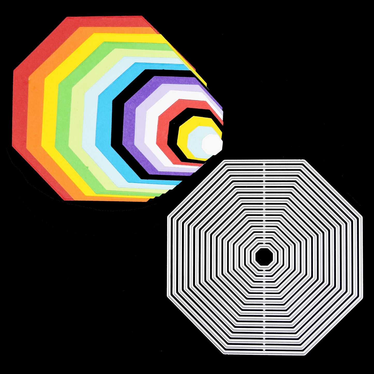 Close up of layered octagon shapes cut from coloured card