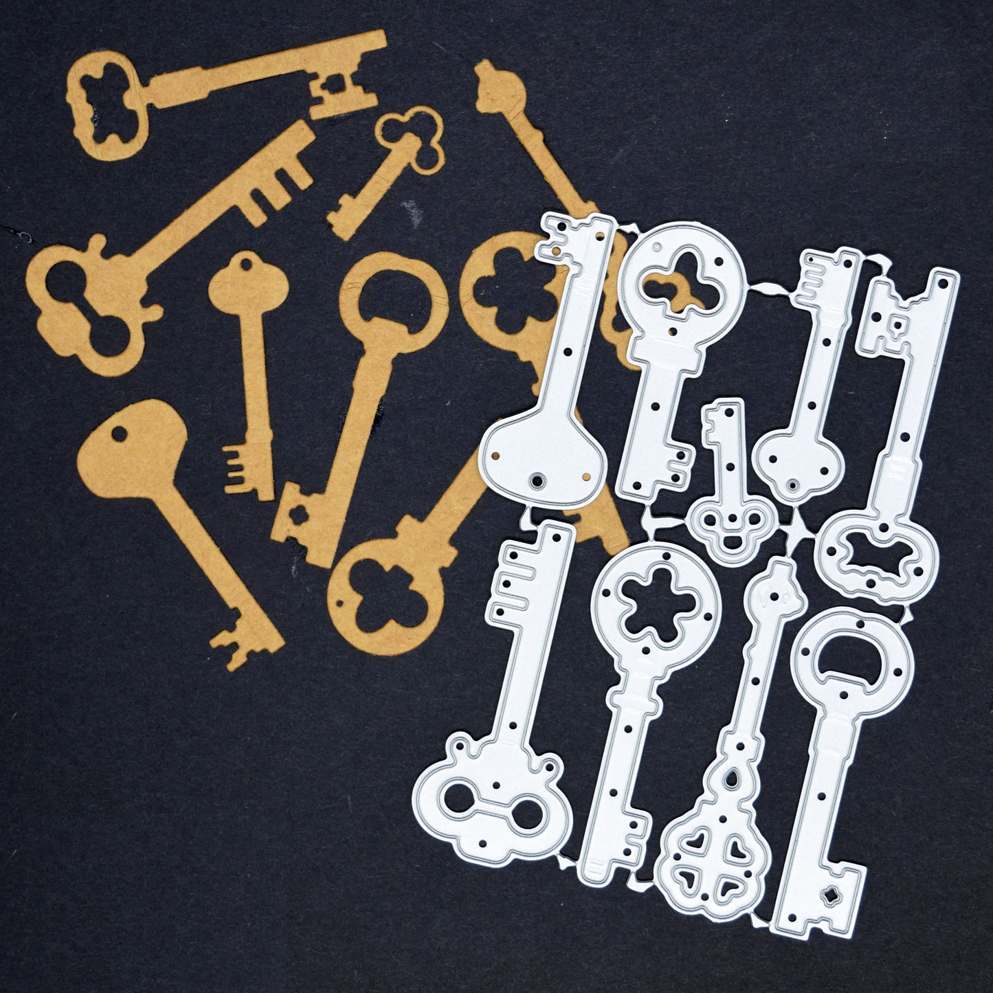 Ornate vintage key metal cutting dies shown with kraft card die cut examples for steampunk and gothic crafts