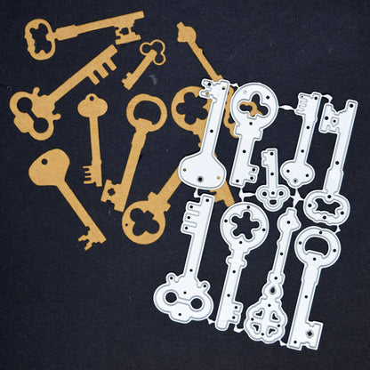 Ornate vintage key metal cutting dies shown with kraft card die cut examples for steampunk and gothic crafts