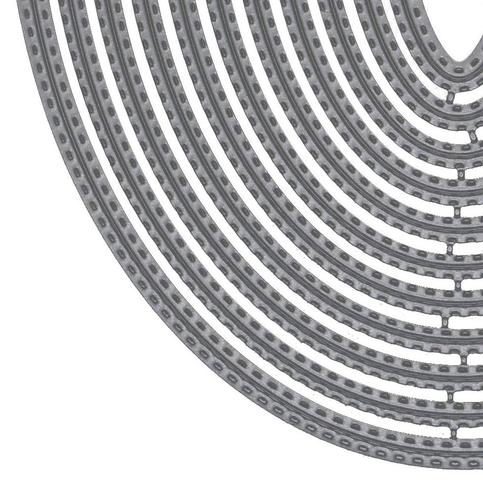Close-up detail of the double stitched cutting edge on the large oval nesting metal cutting die set.