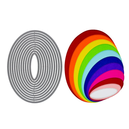 Large double stitched oval nesting metal cutting dies shown beside layered colourful example cuts for card making.