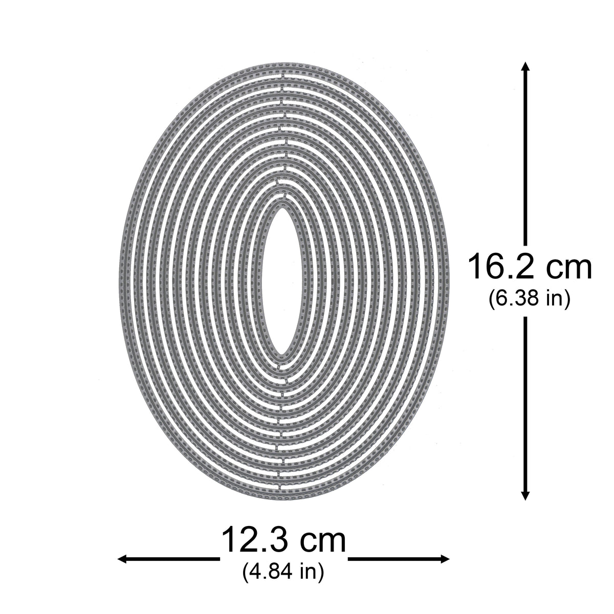 Large double stitched oval nesting metal cutting dies with approximate measurements of 16.2 cm by 12.3 cm shown for size reference.