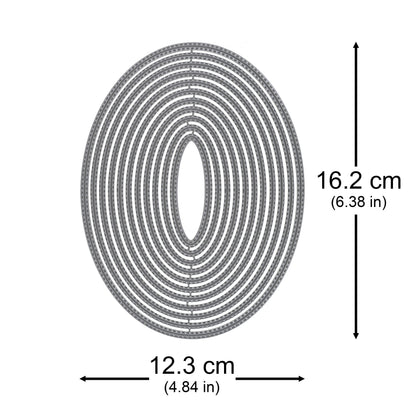 Large double stitched oval nesting metal cutting dies with approximate measurements of 16.2 cm by 12.3 cm shown for size reference.