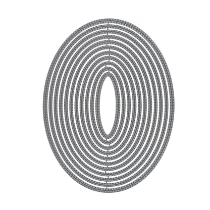 Large double stitched oval nesting metal cutting dies shown clearly on a white background.