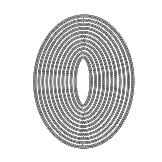 Large double stitched oval nesting metal cutting dies shown clearly on a white background.