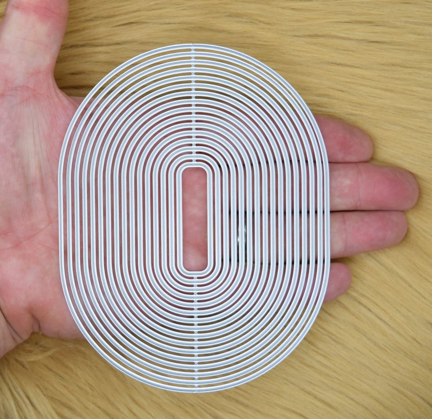 Large oval rectangle nesting dies shown in hand for size reference