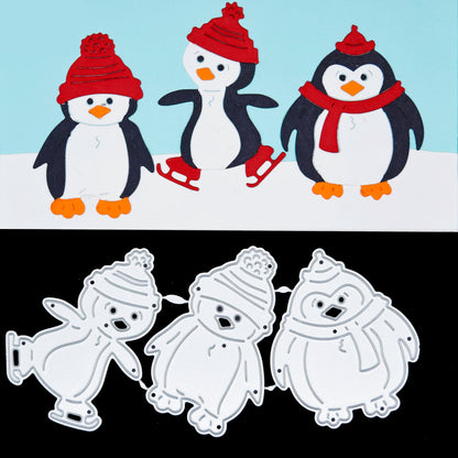 Christmas penguin metal cutting dies with finished sample cuts for festive card making