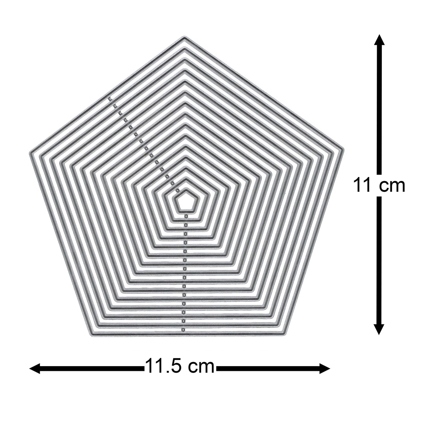 Pentagon nesting metal cutting die set with the largest die measuring approximately 11.5 cm wide by 11 cm high.