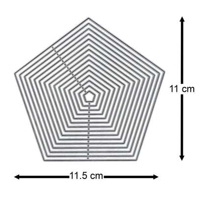 Pentagon nesting metal cutting die set with the largest die measuring approximately 11.5 cm wide by 11 cm high.