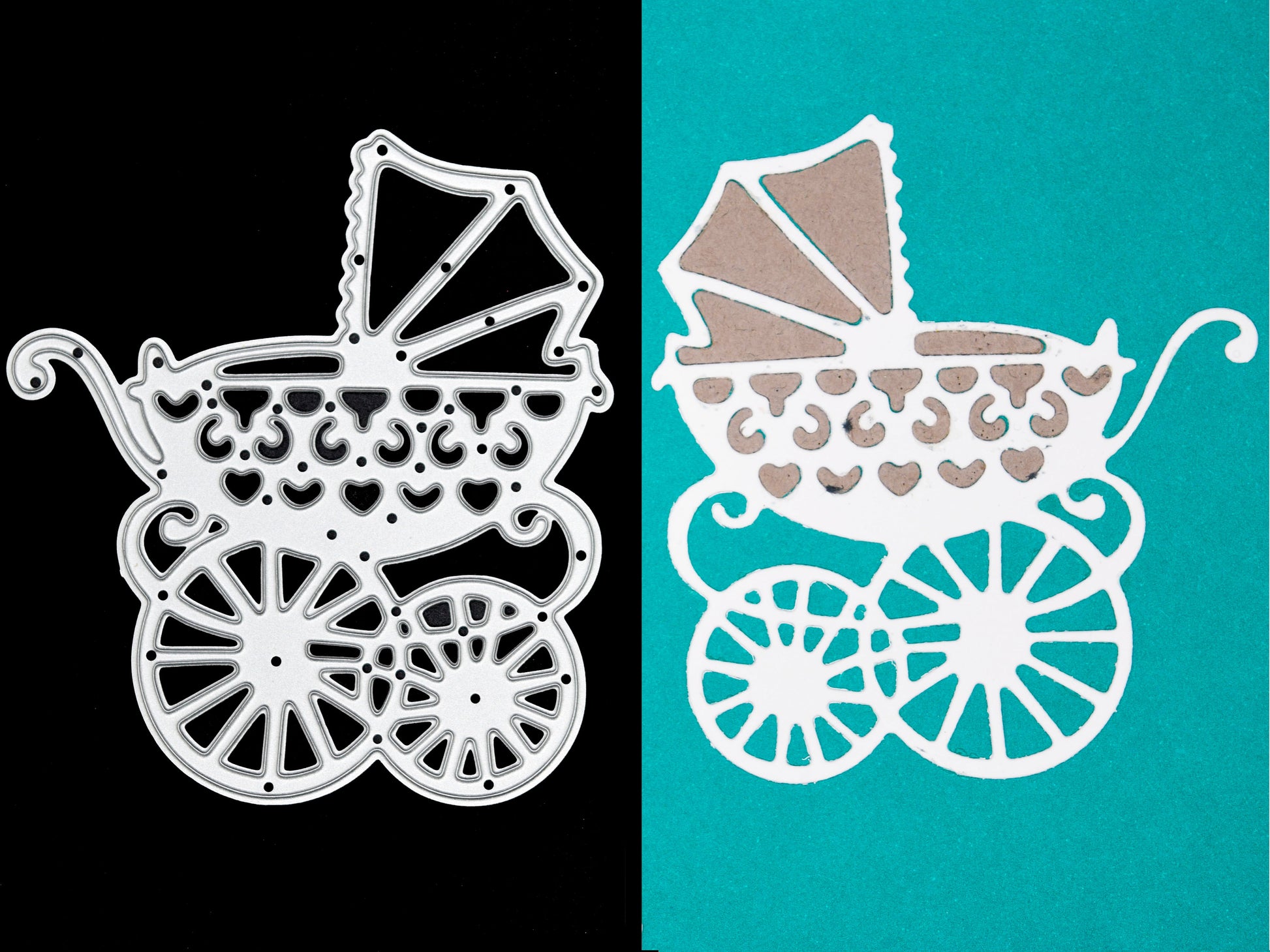 Baby pram metal cutting die alongside finished die cut example